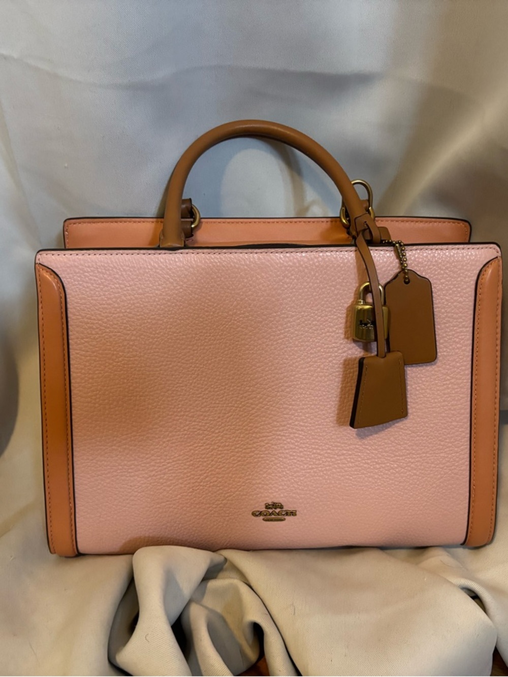 Coach Pink Pebbled Leather Satchel with Tan Trim and Gold Hardware